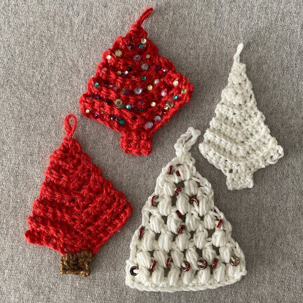 Handmade Crochet Red White Holiday Christmas Tree Hanging Decorations Set of 4